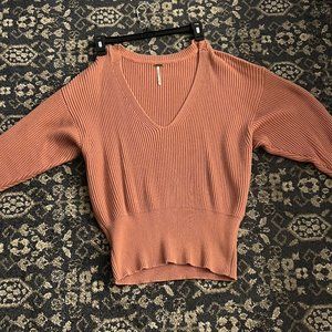 Free People Women's Small Pink V-Neck Knit Sweater Long Sleeve